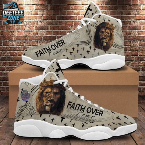 Teesdily | Jesus Faith Over Fear Running Shoes Unisex, Jesus Lion Of Judah Basketball Shoes, Christian Cross Gift For God Lovers