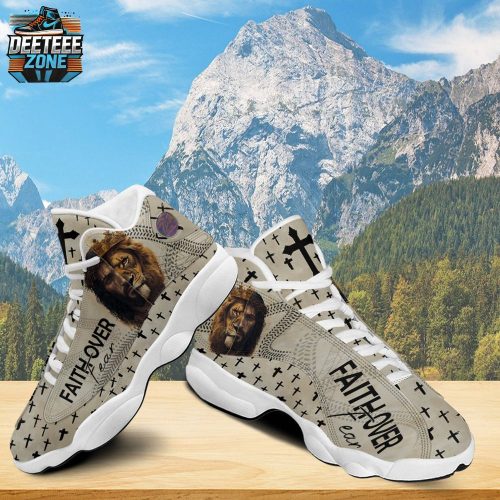 Teesdily | Jesus Faith Over Fear Running Shoes Unisex, Jesus Lion Of Judah Basketball Shoes, Christian Cross Gift For God Lovers