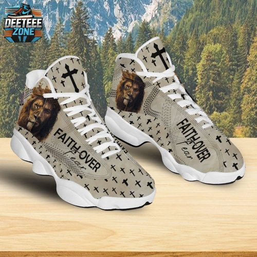 Teesdily | Jesus Faith Over Fear Running Shoes Unisex, Jesus Lion Of Judah Basketball Shoes, Christian Cross Gift For God Lovers