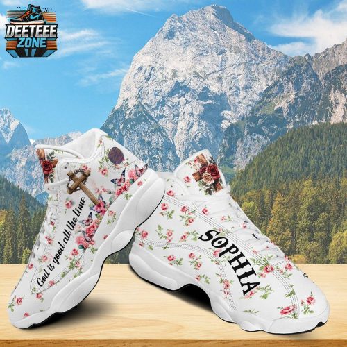 Teesdily | Personalized Jesus Rose Butterfly Basketball Shoes, God Is Good All The Time Running Shoes, Christ Cross Religious Gift