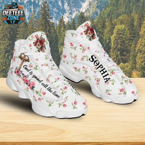 Teesdily | Personalized Jesus Rose Butterfly Basketball Shoes, God Is Good All The Time Running Shoes, Christ Cross Religious Gift