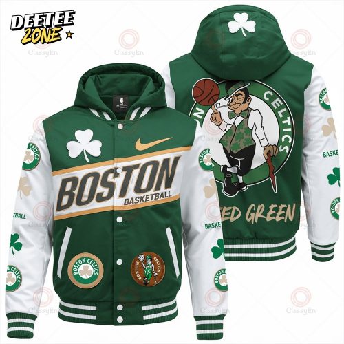 Green & White Boston Team Basketball Hooded Varsity Jacket