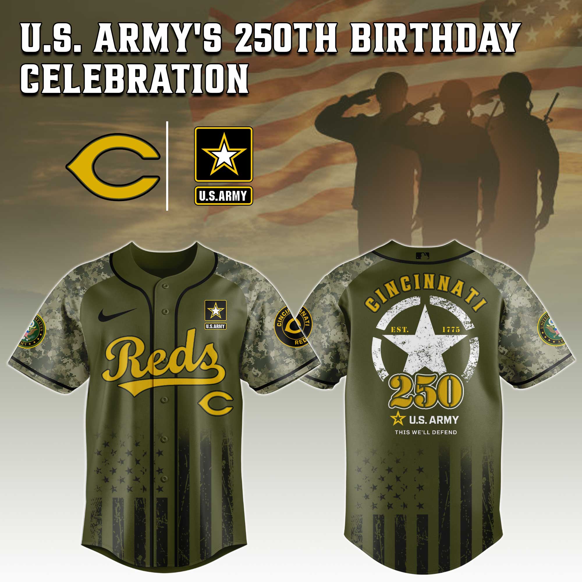 Cincinnati Reds MLB x U.S. Army 250th Birthday Celebration Jersey Cincinnati Reds MLB x U.S. Army 250th Birthday Celebration Jersey