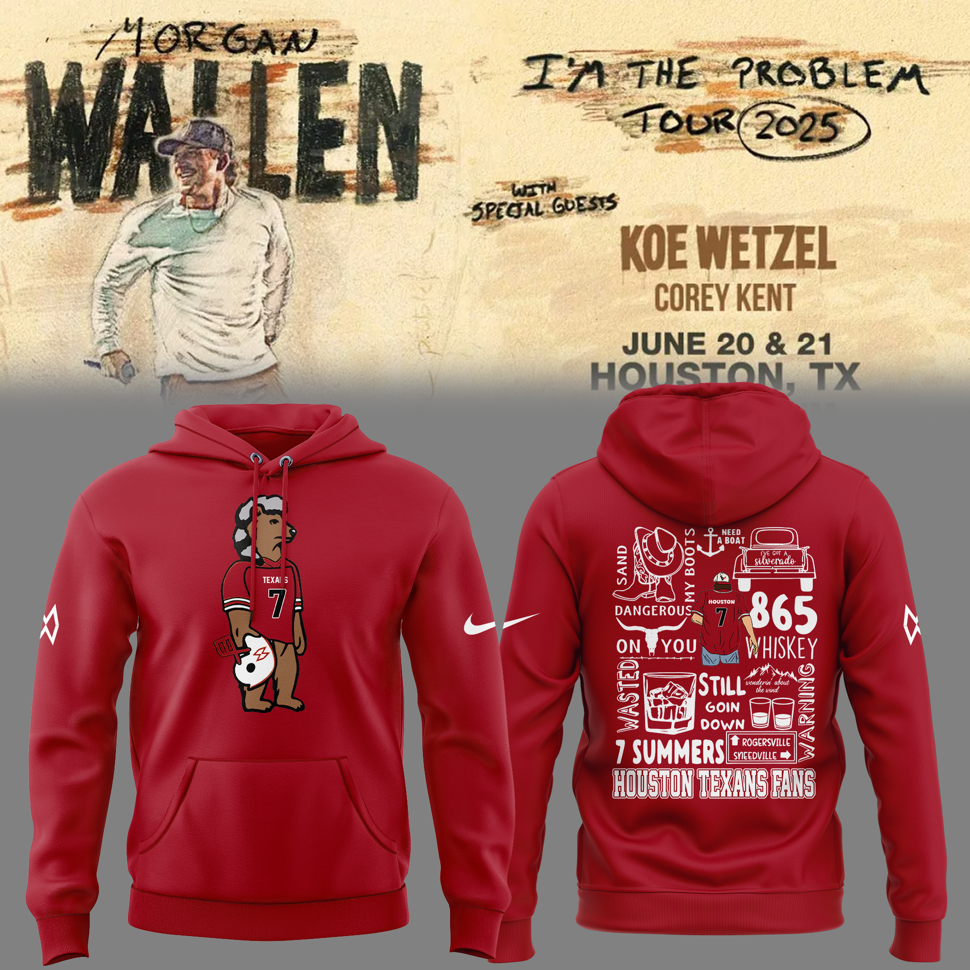 Morgan Wallen x Houston Texans Special Red Hoodie Morgan Wallen x Houston Texans Special Red Hoodie