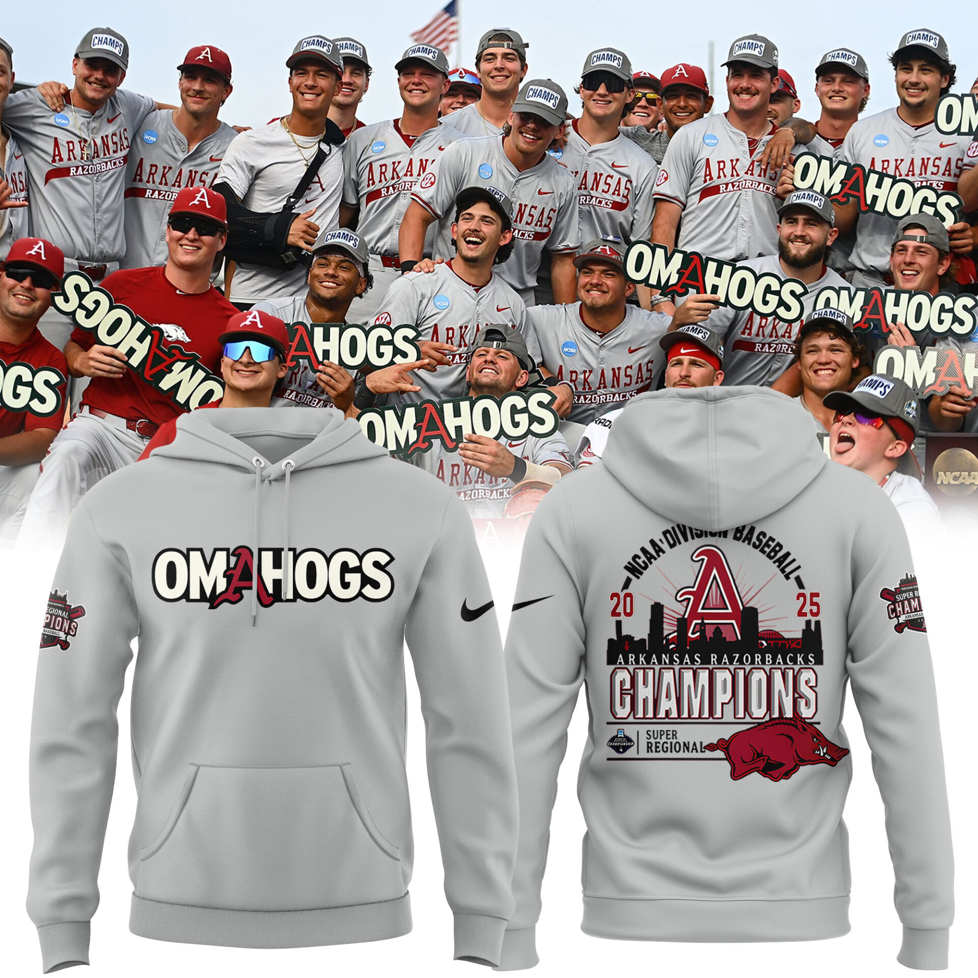 Arkansas Razorbacks Baseball 'OMAHOGS' Super Regional Champions 2025 Hoodie - Limited Edition Arkansas Razorbacks Baseball 'OMAHOGS' Super Regional Champions 2025 Hoodie - Limited Edition
