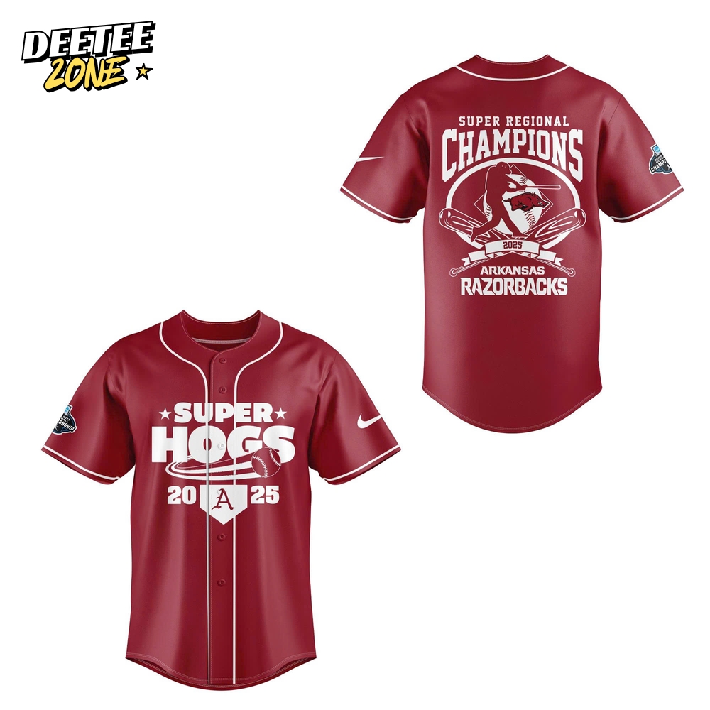 Arkansas Razorbacks Baseball 'SUPERHOGS' Regional Champions 2025 Baseball Jersey Arkansas Razorbacks Baseball 'SUPERHOGS' Regional Champions 2025 Baseball Jersey