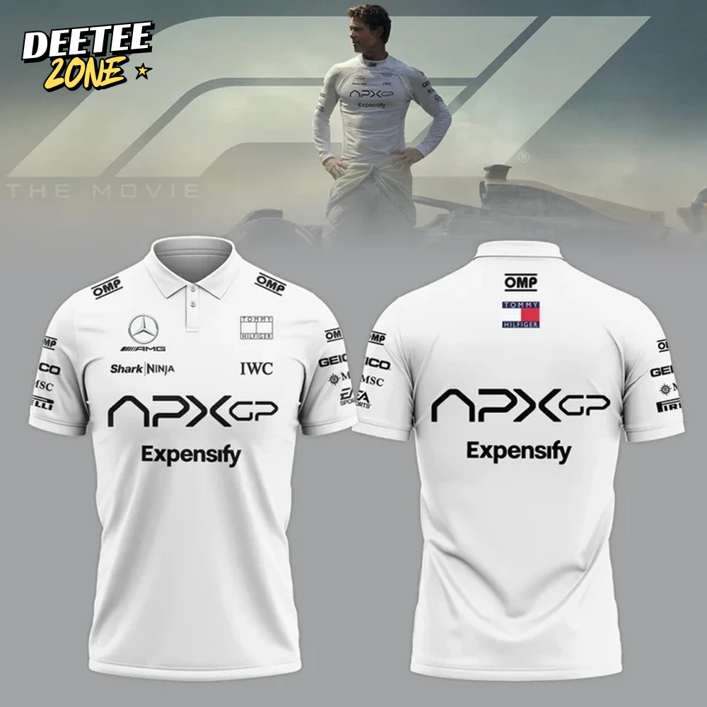 F1 The Movie 2025 APXGP Brad Pitt White Polo Shirt F1 The Movie 2025 APXGP Brad Pitt White Polo Shirt