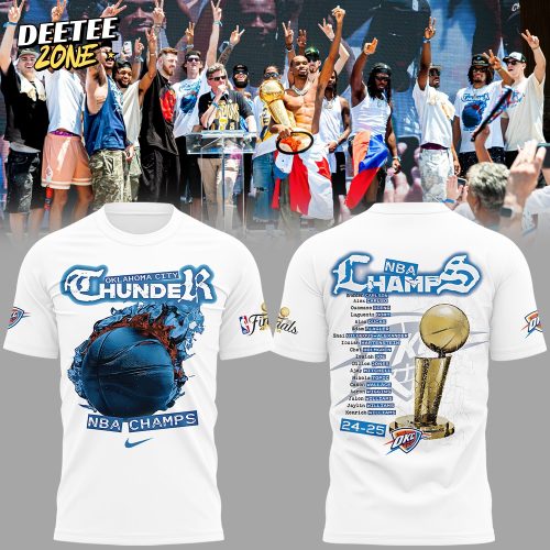 Oklahoma City Thunder 2025 NBA Champs Celebration White Tee