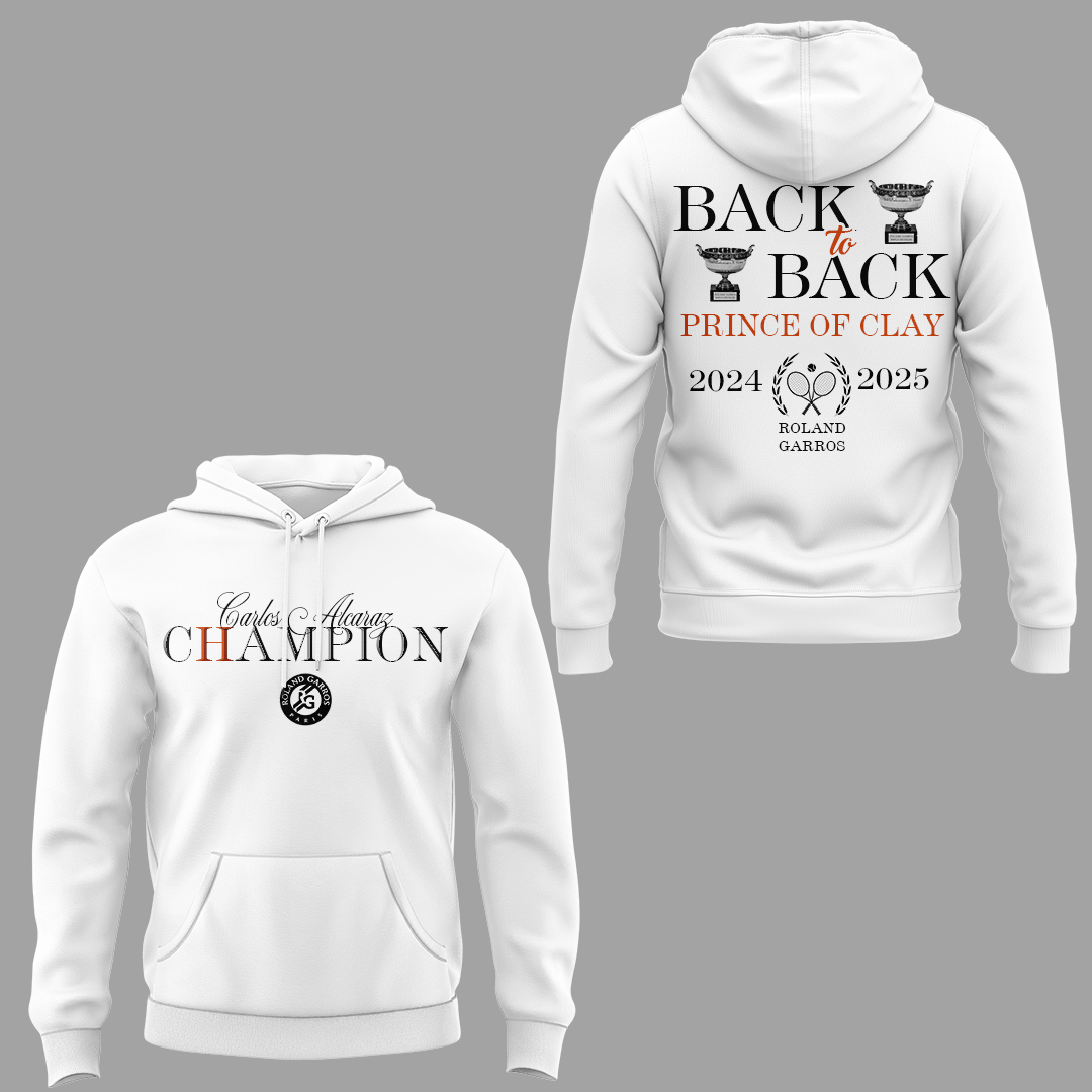 Carloz Alcaraz Roland Garros 2025 Champions "Back-to-Back" Special White Hoodie Carloz Alcaraz Roland Garros 2025 Champions "Back-to-Back" Special White Hoodie
