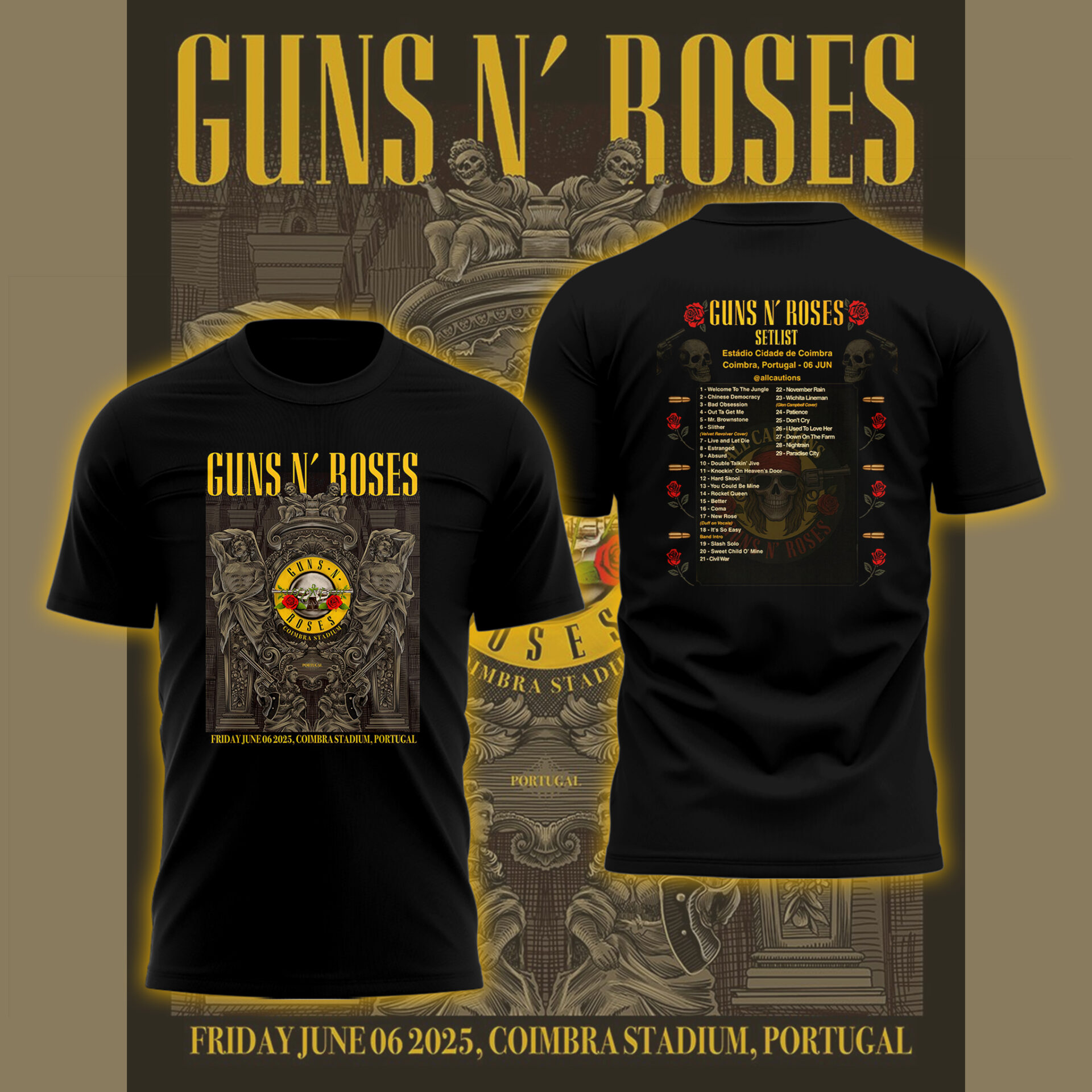 Guns N' Roses Coimbra Stadium Concert 2025 Black Shirt Guns N' Roses Coimbra Stadium Concert 2025 Black Shirt