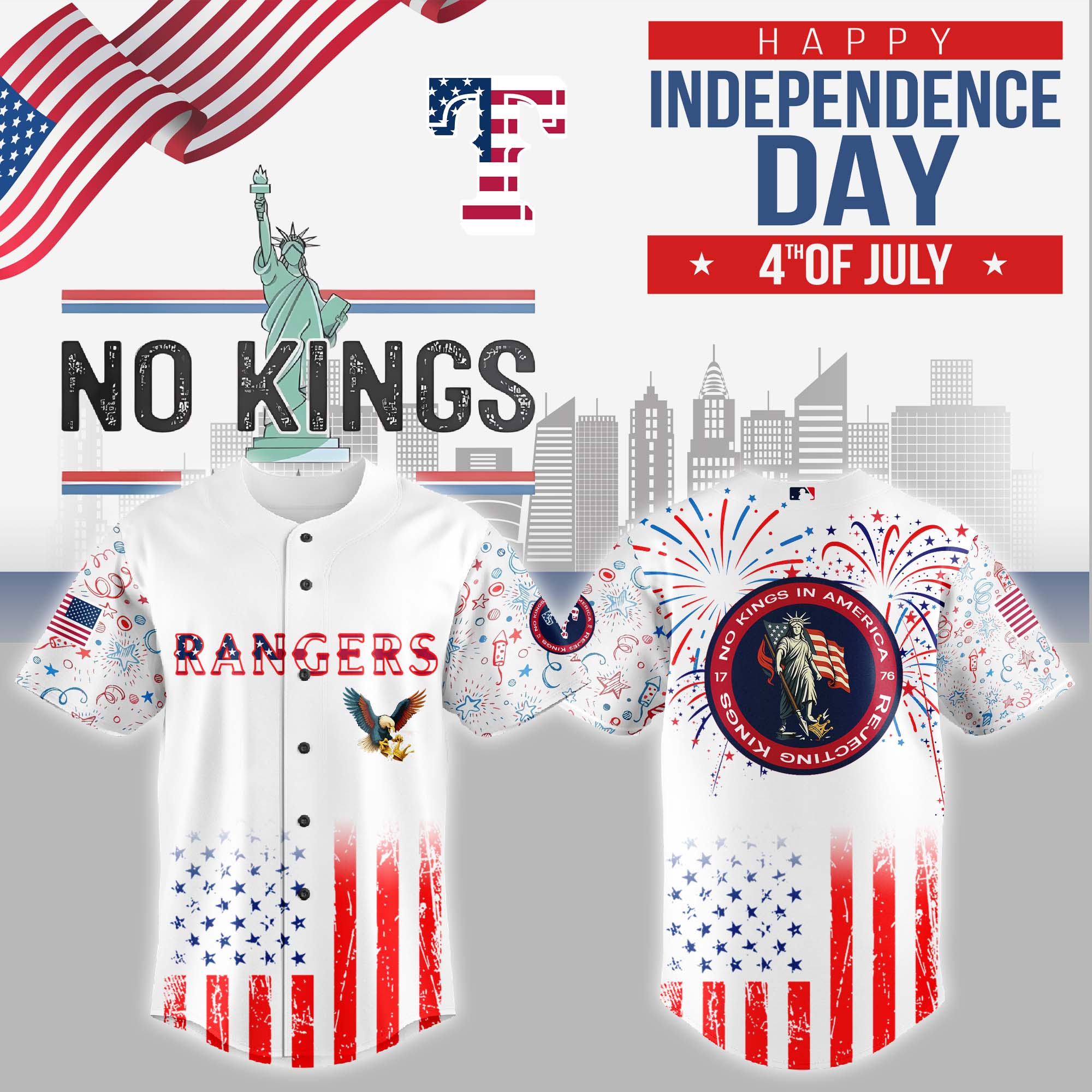 Texas Rangers MLB x 4th of July x No Kings Jersey 2025 Texas Rangers MLB x 4th of July x No Kings Jersey 2025