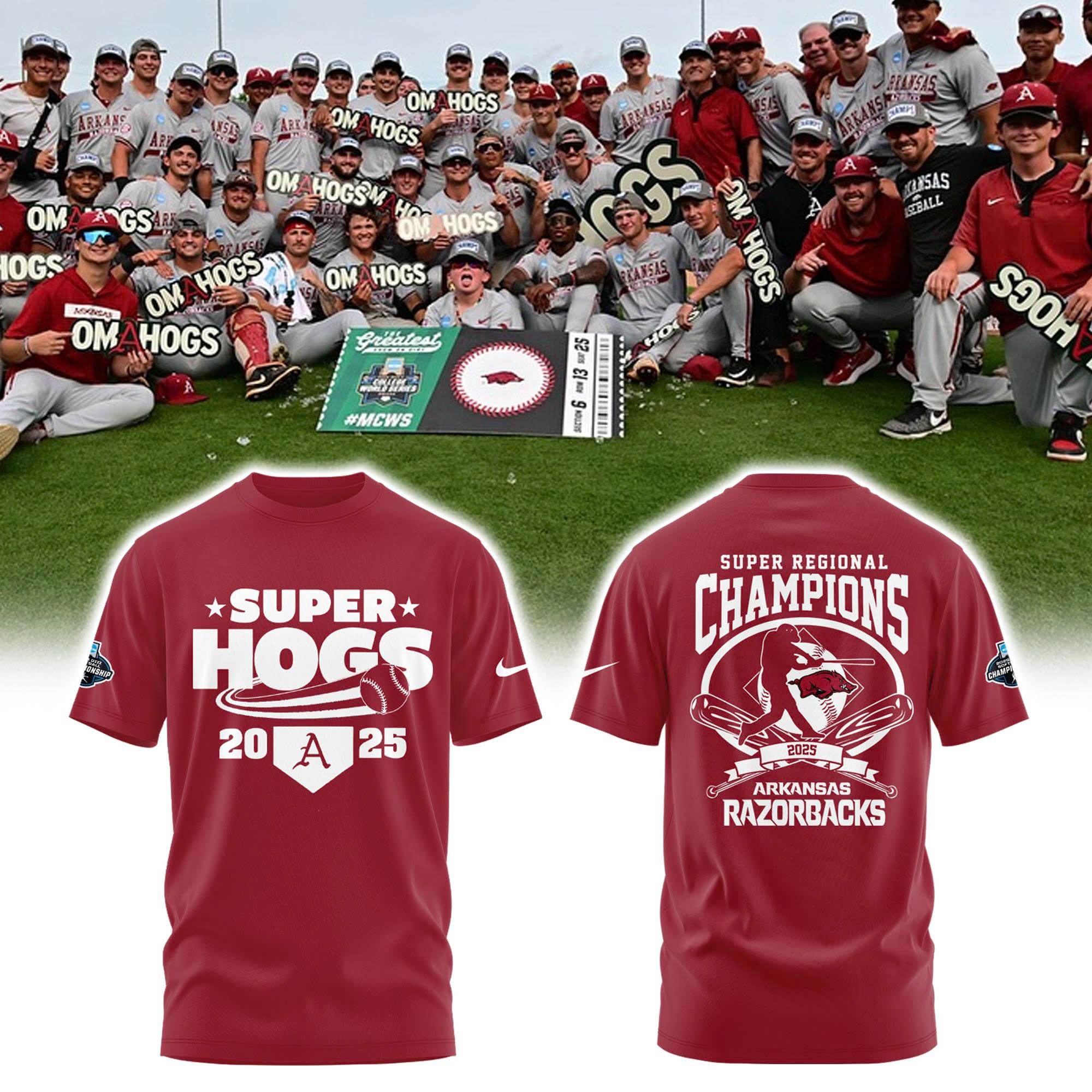Arkansas Razorbacks Baseball 'SUPERHOGS' Regional Champions 2025 Tee Arkansas Razorbacks Baseball 'SUPERHOGS' Regional Champions 2025 Tee