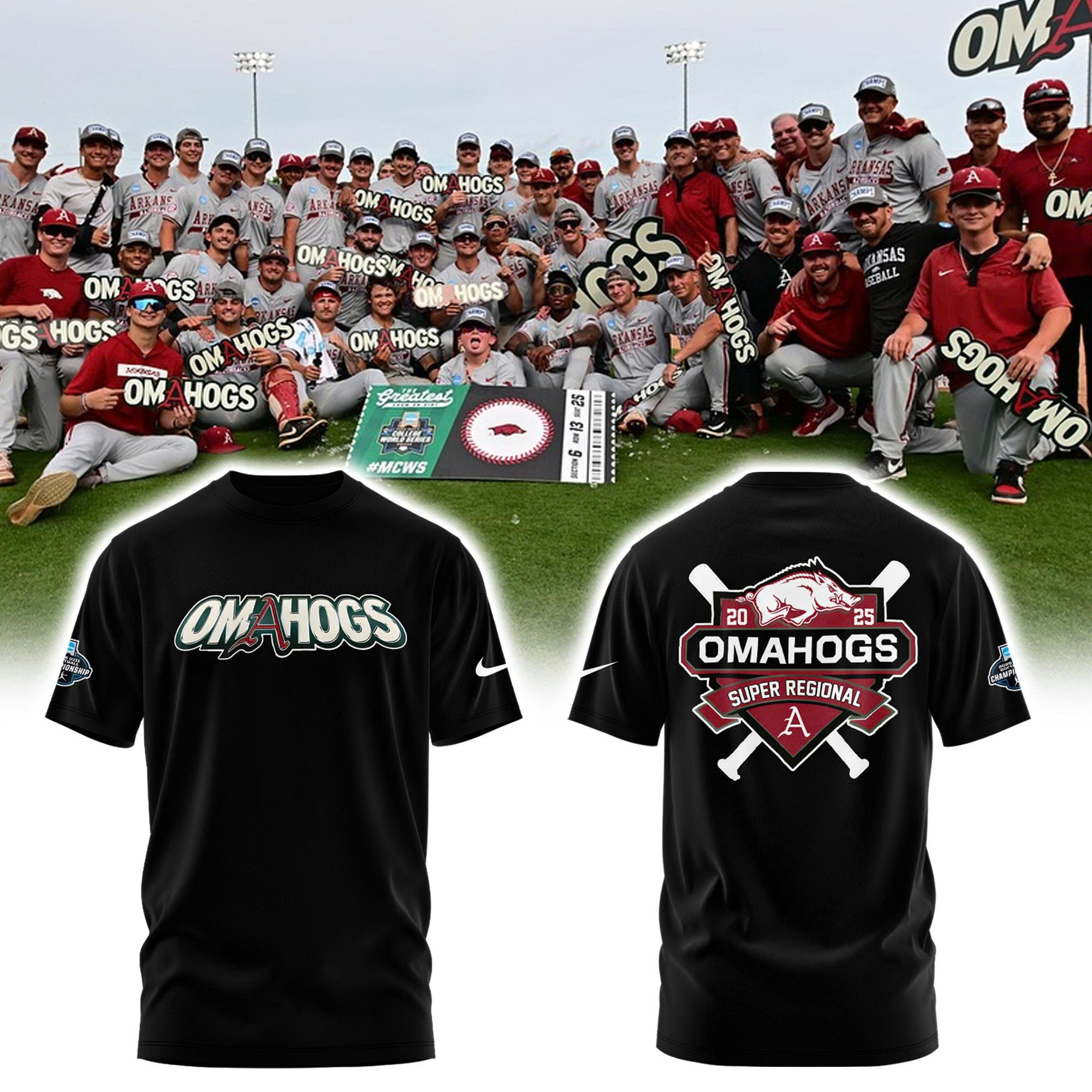 Arkansas Razorbacks Baseball 'OMAHOGS' Super Regional Champions 2025 Tee Arkansas Razorbacks Baseball 'OMAHOGS' Super Regional Champions 2025 Tee