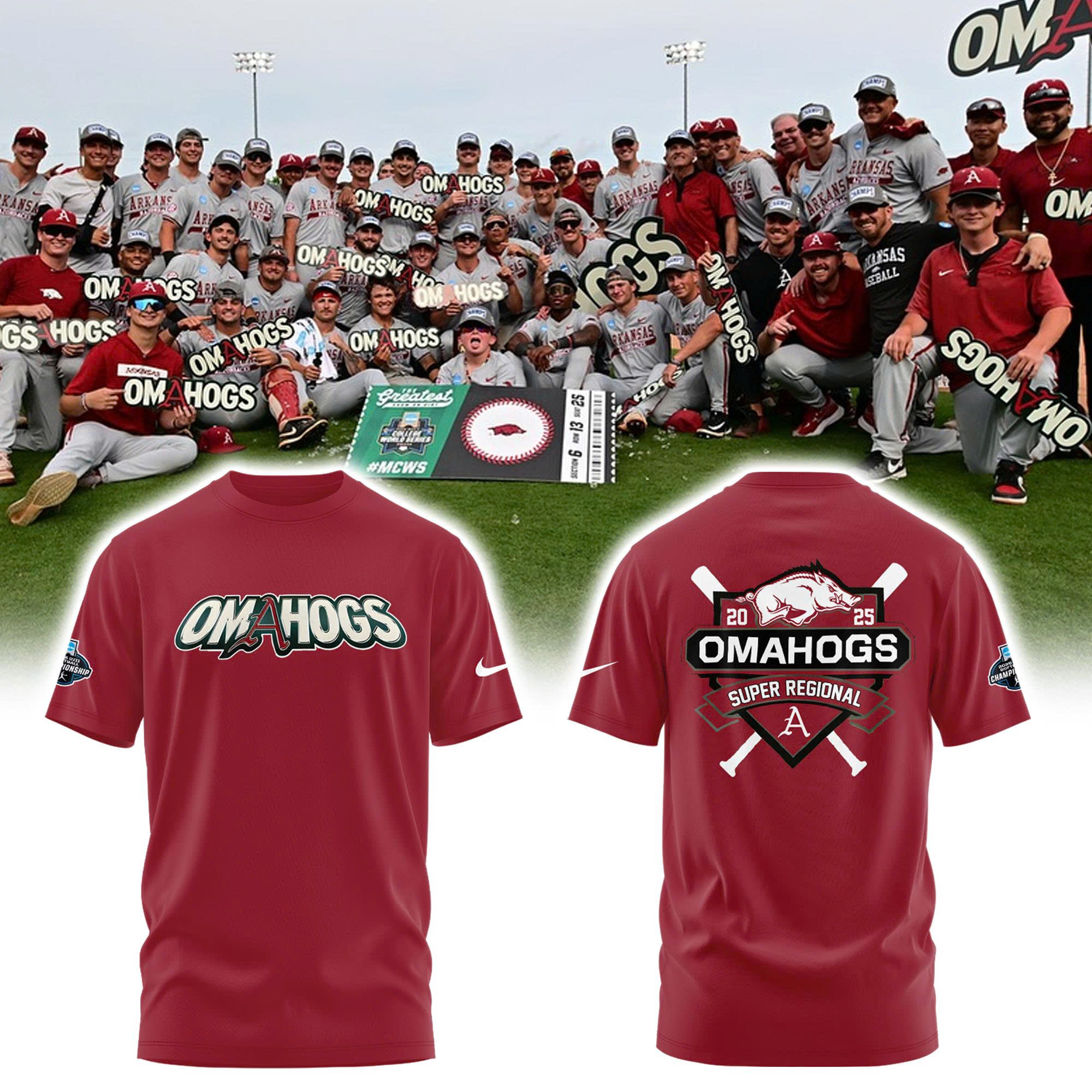 Arkansas Razorbacks Baseball 'OMAHOGS' Super Regional Champions 2025 Tee Arkansas Razorbacks Baseball 'OMAHOGS' Super Regional Champions 2025 Tee