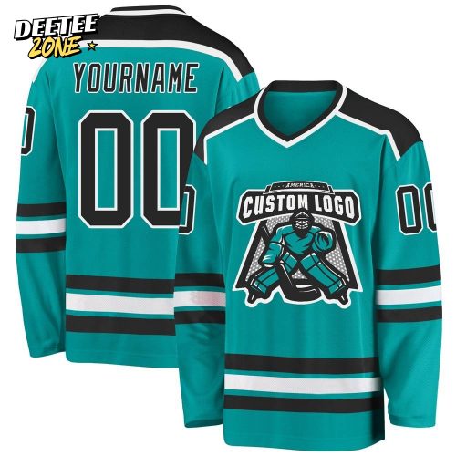 Custom Aqua Black White Hockey Jersey
