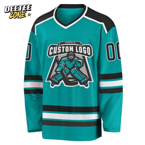 Custom Aqua Black White Hockey Jersey