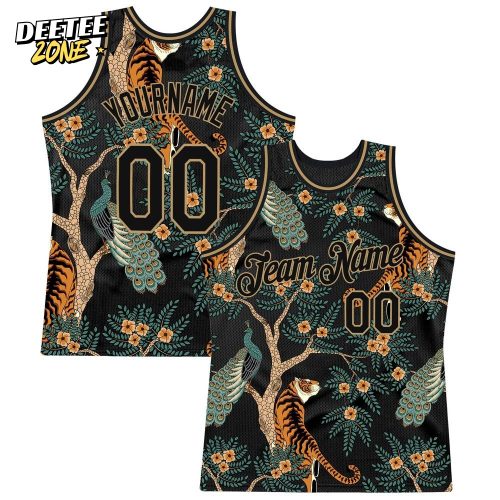 Custom Black Black Old Gold 3D Pattern Design Tiger And Peacock Authentic Basketball Jersey
