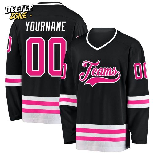 Custom Black Hot Pink White Hockey Jersey