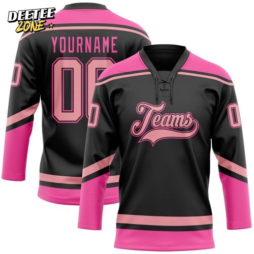 Custom Black Medium Pink Hockey Lace Neck Jersey