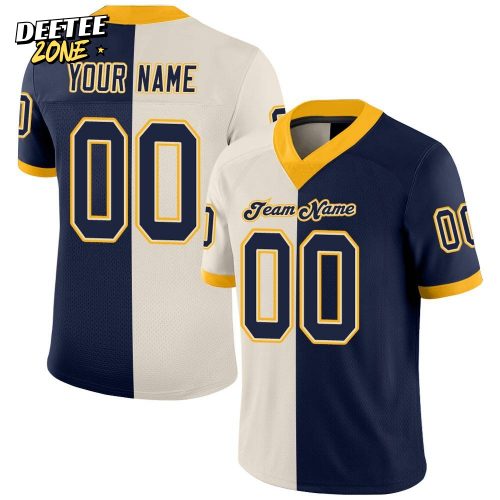 Custom Cream Navy Gold Mesh Split Fashion Football Jersey