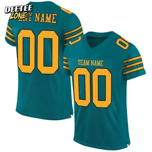 Custom Teal Gold Black Mesh Authentic Football Jersey