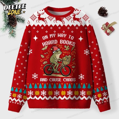 On My Way To Hoard Books And Cause Chaos Unisex Ugly Knit Christmas Sweater