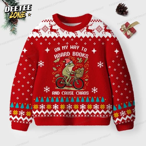 On My Way To Hoard Books And Cause Chaos Unisex Ugly Knit Christmas Sweater