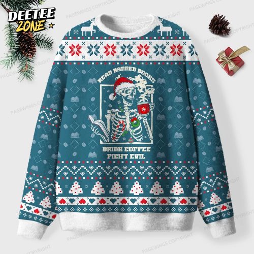 Read Banned Books Drink Coffee Fight Evil Unisex Ugly Knit Christmas Sweater