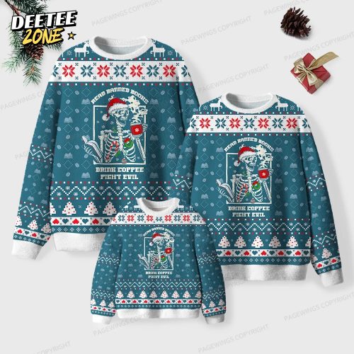 Read Banned Books Drink Coffee Fight Evil Unisex Ugly Knit Christmas Sweater