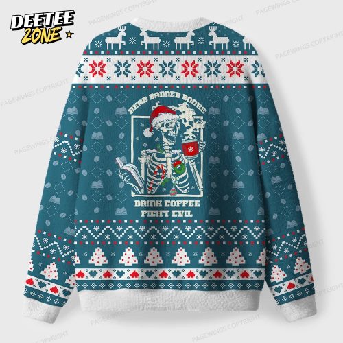 Read Banned Books Drink Coffee Fight Evil Unisex Ugly Knit Christmas Sweater