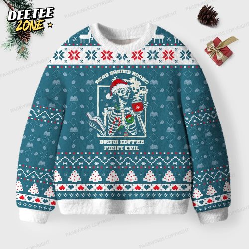 Read Banned Books Drink Coffee Fight Evil Unisex Ugly Knit Christmas Sweater