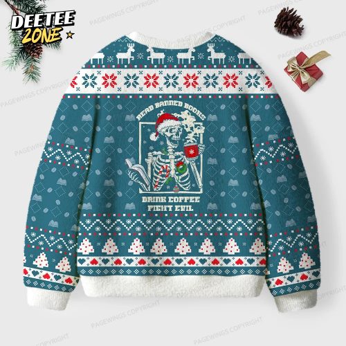 Read Banned Books Drink Coffee Fight Evil Unisex Ugly Knit Christmas Sweater