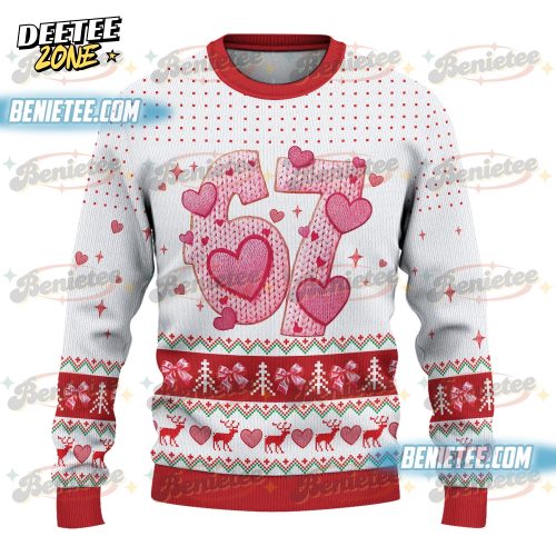 67 Valentine Coquette Bow Heart Sweatshirt, Pink Love Ugly Sweater, Galentine Gift