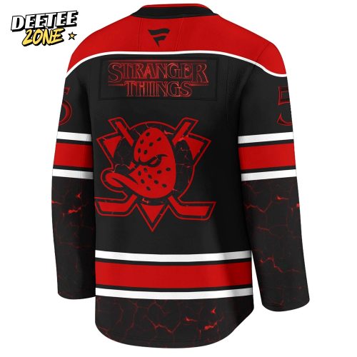 Anaheim Ducks x Stranger Things Jersey with a bold red–black design